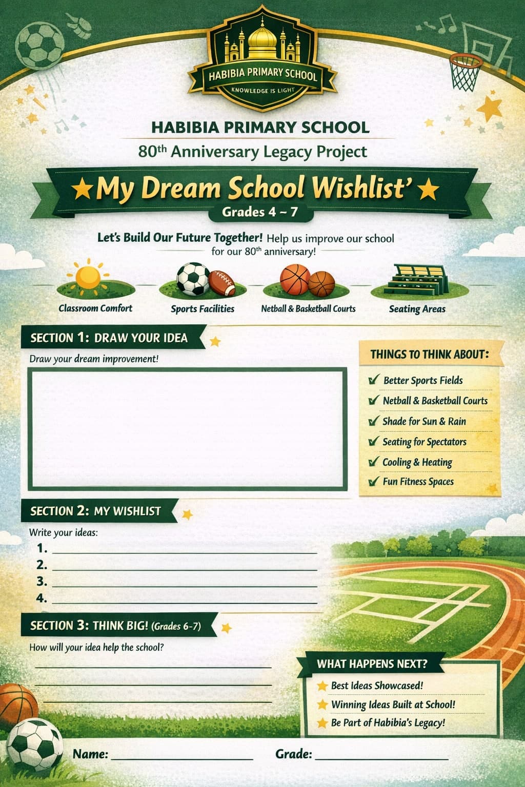 Habibia Primary School 80th Anniversary Legacy Project — 'My Dream School Wishlist' worksheet for Grades 4–7