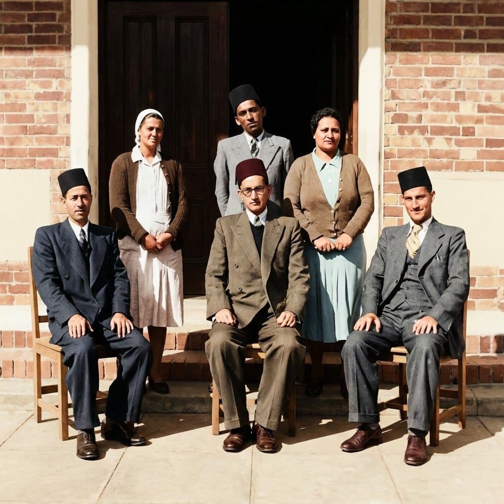 First staff in 1946 — back row: N. Conrad, A. Hyatt, R. Domingo · front row: I. Adams, M.H. Allie (principal), E. Albertus